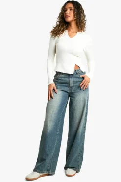 Long Sleeve Tops*boohoo Rib Asym Front Long Sleeve top cream