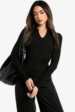 Long Sleeve Tops*boohoo Rib Asym Front Long Sleeve top true black