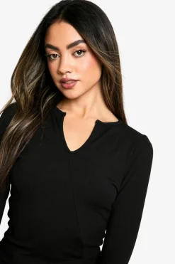 Long Sleeve Tops*boohoo Rib Asym Front Long Sleeve top true black