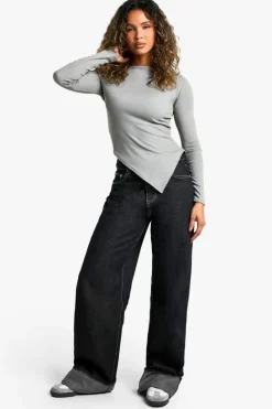 Long Sleeve Tops*boohoo Rib Asym hem long sleeve top charcoal