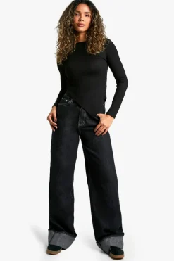 Long Sleeve Tops*boohoo Rib Asym hem long sleeve top black