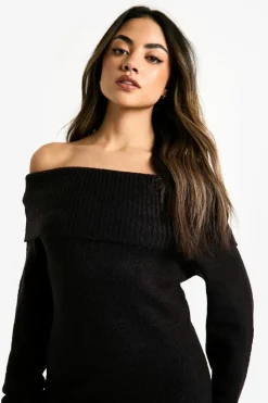 Mini Dresses|Jumper Dresses*boohoo Rib Bardot Neckline Mini Jumper Dress black