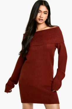 Jumper Dresses|Jumper Dresses*boohoo Rib Bardot Neckline Mini Jumper Dress chocolate