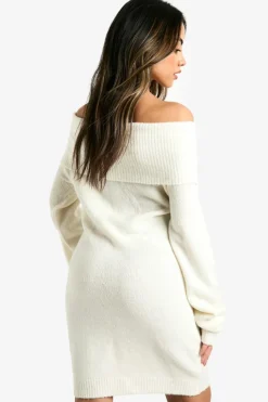Mini Dresses|Jumper Dresses*boohoo Rib Bardot Neckline Mini Jumper Dress ecru