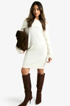 Mini Dresses|Jumper Dresses*boohoo Rib Bardot Neckline Mini Jumper Dress ecru