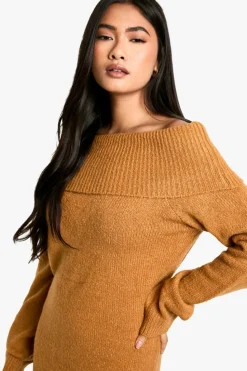 Jumper Dresses|Jumper Dresses*boohoo Rib Bardot Neckline Mini Jumper Dress camel