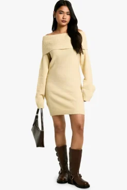 Mini Dresses|Jumper Dresses*boohoo Rib Bardot Neckline Mini Jumper Dress stone