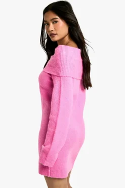 Jumper Dresses|Jumper Dresses*boohoo Rib Bardot Neckline Mini Jumper Dress pink