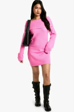 Jumper Dresses|Jumper Dresses*boohoo Rib Bardot Neckline Mini Jumper Dress pink