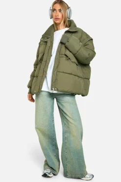 Up To 80% Off Winter Warmers|Puffer Jackets*boohoo Rib Collar Oversized Puffer Jacket khaki