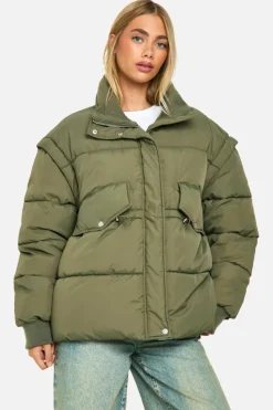 Up To 80% Off Winter Warmers|Puffer Jackets*boohoo Rib Collar Oversized Puffer Jacket khaki