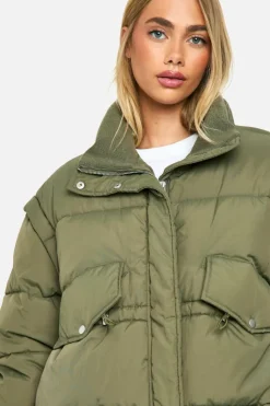 Up To 80% Off Winter Warmers|Puffer Jackets*boohoo Rib Collar Oversized Puffer Jacket khaki