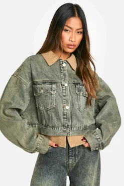Up To 80% Off Winter Warmers|Denim Jackets*boohoo Rib Detail Denim Jacket vintage wash