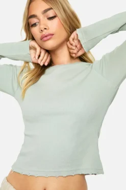 Long Sleeve Tops*boohoo Rib Distressed Hem Long Sleeve Top sage