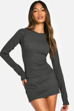 Long Sleeve Tops*boohoo Rib Distressed Hem Long Sleeve Top charcoal