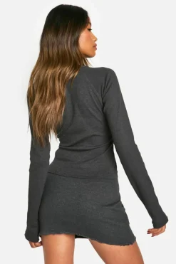 Long Sleeve Tops*boohoo Rib Distressed Hem Long Sleeve Top charcoal
