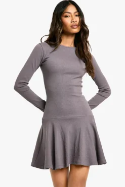 Skater Dresses*boohoo Rib Dropped Hem Skater Dress grey