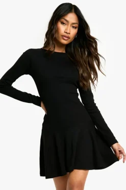 Skater Dresses|Mini Dresses*boohoo Rib Dropped Hem Skater Dress black