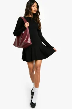 Skater Dresses|Mini Dresses*boohoo Rib Dropped Hem Skater Dress black