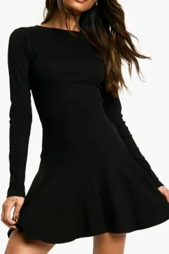 Skater Dresses|Mini Dresses*boohoo Rib Dropped Hem Skater Dress black