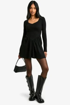 Smock Dresses*boohoo Rib Dropped Hem Smock Dress black