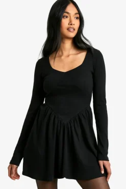 Smock Dresses*boohoo Rib Dropped Hem Smock Dress black