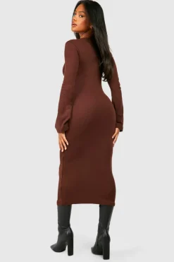 Midi Dresses*boohoo Rib Flare Sleeve Midi Dress chocolate