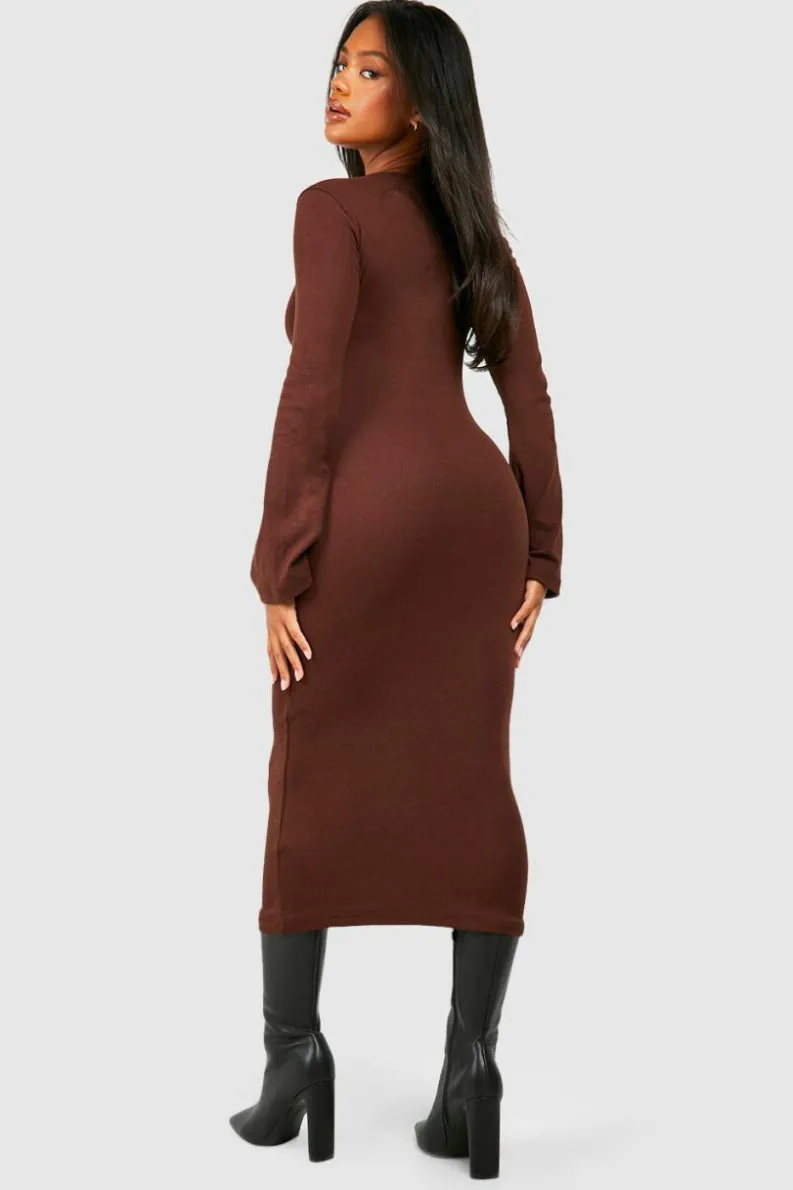 Midi Dresses*boohoo Rib Flare Sleeve Midi Dress chocolate