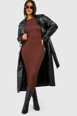 Midi Dresses*boohoo Rib Flare Sleeve Midi Dress chocolate