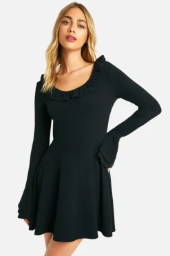 Smock Dresses*boohoo Rib Flare Sleeve Smock Dress black