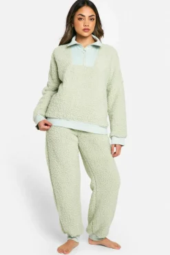 Up To 80% Off Winter Warmers|Loungewear*boohoo Rib Fleece Half Zip And Jogger Lounge Set sage