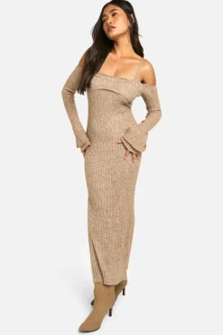 Jumper Dresses|Jumper Dresses*boohoo Rib Knit Bardot Halterneck Maxi Dress oatmeal
