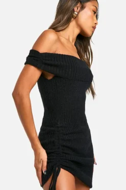 Jumper Dresses|Jumper Dresses*boohoo Rib Knit Bardot Ruched Mini Dress black