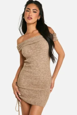 Jumper Dresses|Jumper Dresses*boohoo Rib Knit Bardot Ruched Mini Dress oatmeal