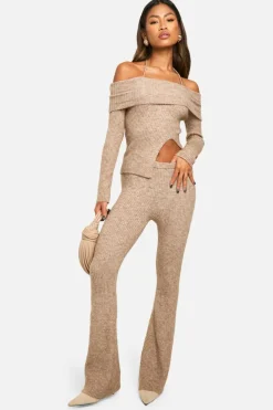 Knitted Co-Ords*boohoo Rib Knit Bardot Split Hem Top & Flare Trouser Co-ord oatmeal