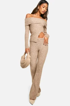 Knitted Co-Ords*boohoo Rib Knit Bardot Split Hem Top & Flare Trouser Co-ord oatmeal