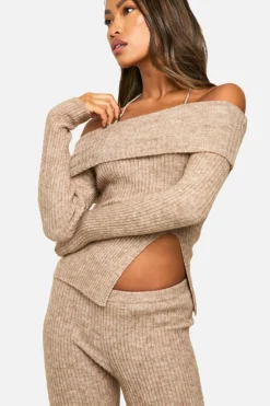 Knitted Co-Ords*boohoo Rib Knit Bardot Split Hem Top & Flare Trouser Co-ord oatmeal