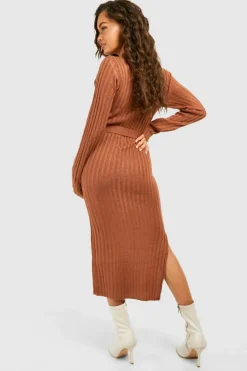 Midi Dresses|Jumper Dresses*boohoo Rib Knit Belted Midi Dress brown