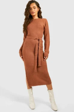 Midi Dresses|Jumper Dresses*boohoo Rib Knit Belted Midi Dress brown