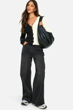 Cardigans*boohoo Rib Knit Contrast Button Cardigan black
