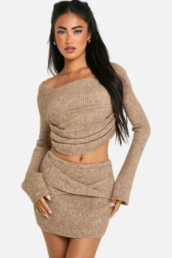 Knitted Co-Ords|Skirts*boohoo Rib Knit Corset Detail Top & Mini Skirt Co-ord oatmeal