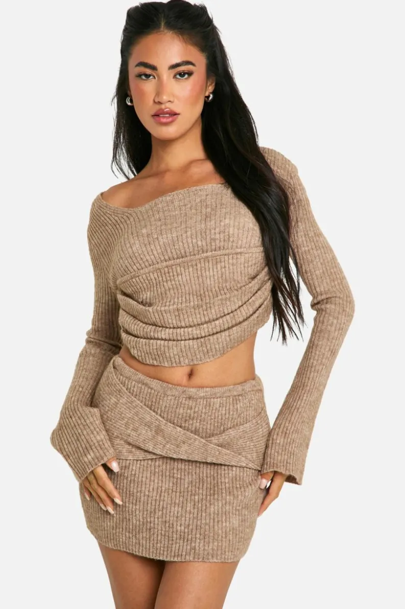 Knitted Co-Ords|Skirts*boohoo Rib Knit Corset Detail Top & Mini Skirt Co-ord oatmeal