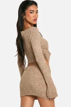 Knitted Co-Ords|Skirts*boohoo Rib Knit Corset Detail Top & Mini Skirt Co-ord oatmeal