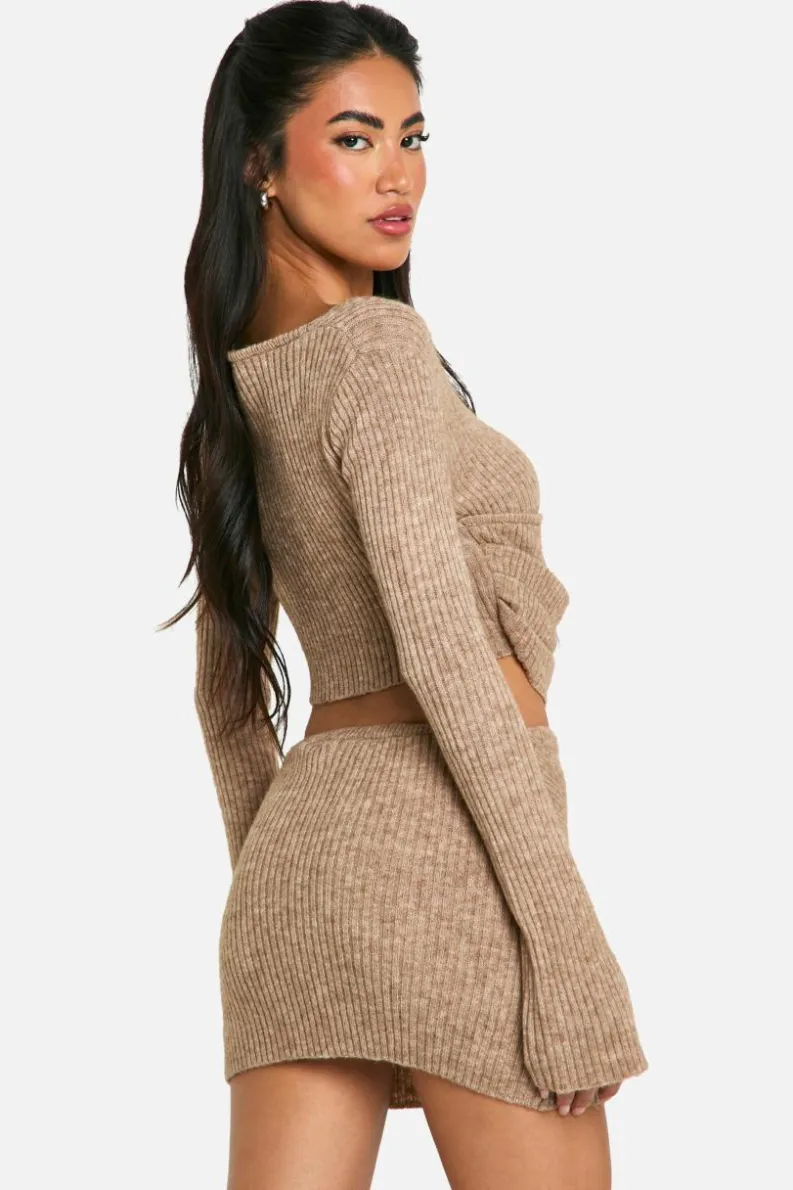 Knitted Co-Ords|Skirts*boohoo Rib Knit Corset Detail Top & Mini Skirt Co-ord oatmeal