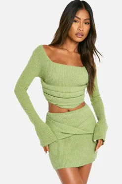 Knitted Co-Ords|Skirts*boohoo Rib Knit Corset Detail Top & Mini Skirt Co-ord lime
