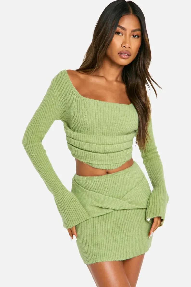 Knitted Co-Ords|Skirts*boohoo Rib Knit Corset Detail Top & Mini Skirt Co-ord lime