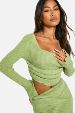 Knitted Co-Ords|Skirts*boohoo Rib Knit Corset Detail Top & Mini Skirt Co-ord lime