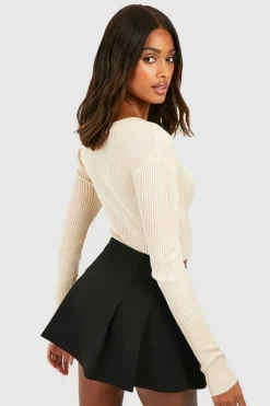Knitted Tops*boohoo Rib Knit Crew Neck Racer Bodysuit stone