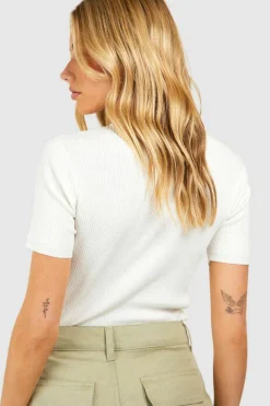 Knitted Tops|Up To 80% Off Winter Warmers*boohoo Rib Knit Crew Neck Short Sleeve Knitted Top cream