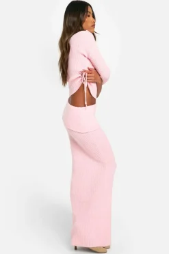 Knitted Co-Ords|Skirts*boohoo Rib Knit Crop Top & Maxi Skirt Co-ord light pink